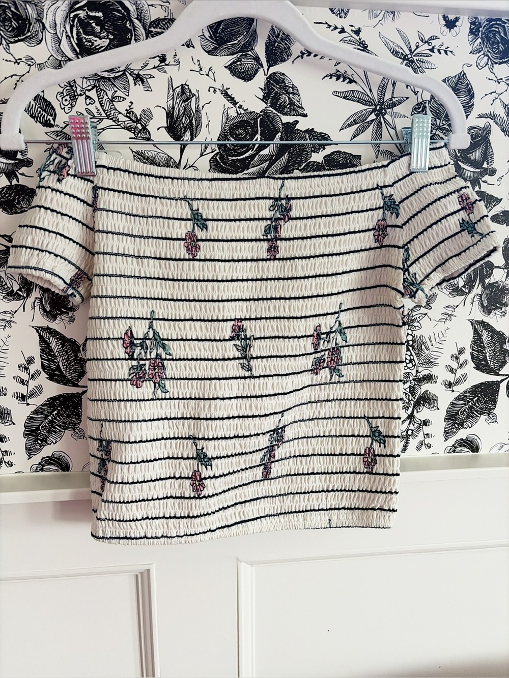 Off-Shoulder Smocked Floral Stripe Top - White